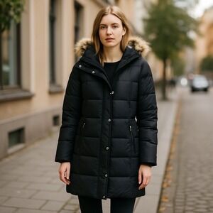 Michael Kors PS Quilted Polyester Black Faux Fur Hood Trim‎ Removable Hood